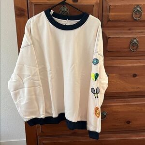 All Star Cream Fleece Sweatshirt with Black Trim and Colorful Patches